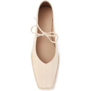 Women Beige Faux Leather Square Toe Lace Up Ballerina Ballet Slip On Flats
